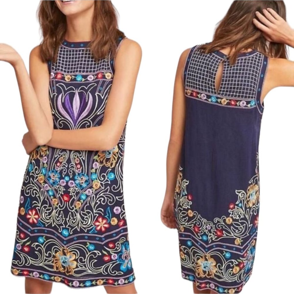 Maeve Anthropologie Kira Floral Embroidered Sleeveless Tunic Shift Dress, Size 4